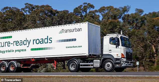 In November 2022, driverless trucks travelled at 80km/h in a highway's 'fast lane' in Melbourne (pictured, one of the driverless trucks)