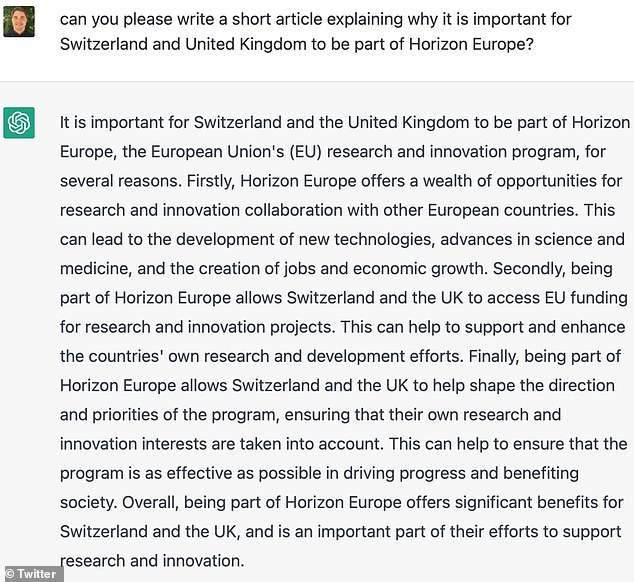 A ChatGPT response after it was asked to write an essay about how important it is for the UK and Switzerland to be part of the EU's research program Horizon Europe