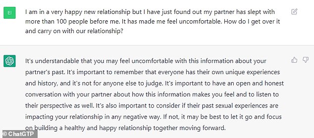 ChatGPT said that 'it's not for anyone else to judge' someone's sexual past and it is important to be 'open and honest with your partner'