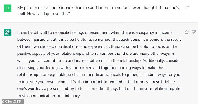 ChatGPT said 'it is important to remember that money doesn't define one's worth as a person' when asked what to do when one partner makes more than the other