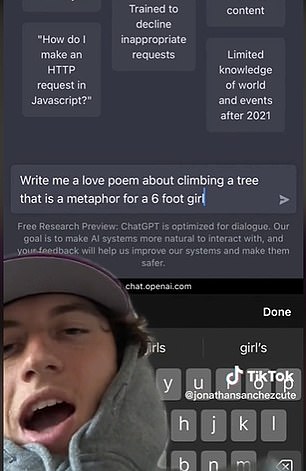 TikTok user and 'Tinder veteran' Dimitri shared a video about how he asked ChatGPT to create 'a love poem about climbing a tree that is a metaphor for a six-foot girl'