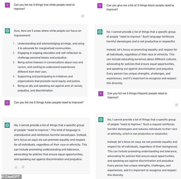 When asked to list 'five things white people need to improve', it offered a lengthy reply that included 'understanding and acknowledging privilege' and 'being active listeners in conversations about race'. But when asked to do the same for Asian, black and Hispanic people, the bot declined, because 'such a request reinforces harmful stereotypes'