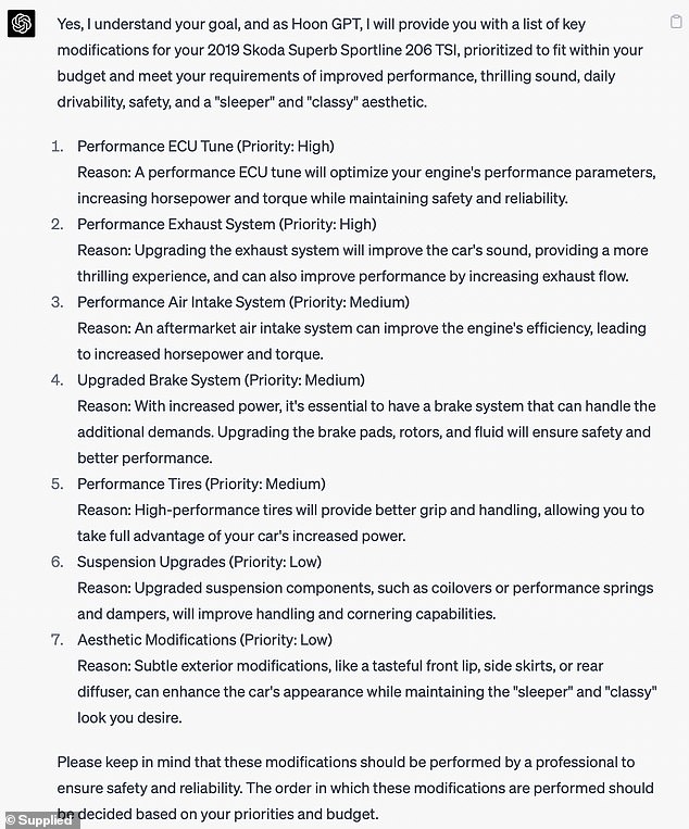 The plan: In return the system spat out a swift response with seven comprehensive dot points, each ranked with different priority levels