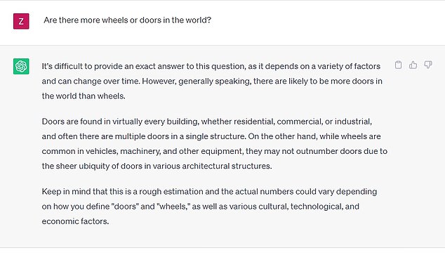 The bot produced an autogenerated response, admitting defeat in its first sentence: 'It's difficult to provide an exact answer to this question, as it depends on a variety of factors and can change over time'