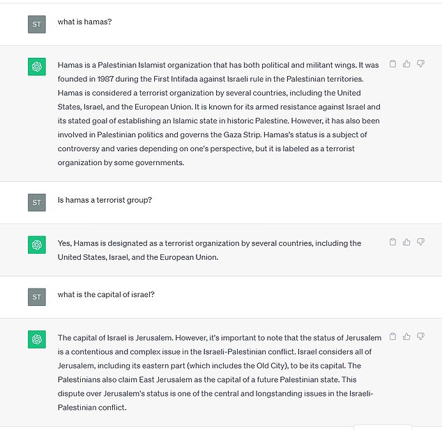 The same queries were fed to OpenAI's ChatGPT, which returned with detailed information and answered that 'Hamas is designated as a terrorist organization by several countries.'