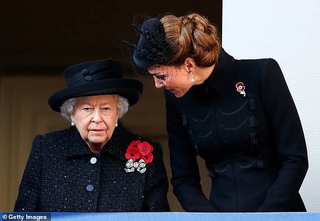 Queen Elizabeth II and Catherine, Duchess of Cambridge attend the annual Remembrance Sunday service at The Cenotaph on November 10, 2019