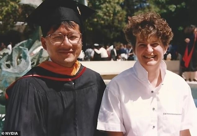 Huang pictured with wife Lori at his graduation from Oregon State University in 1984. That was just as computers were breaking into the mainstream - and the same year Apple released its first Macintosh and the term 'cyberspace' was coined