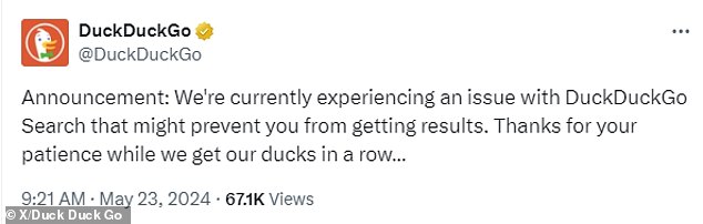 DuckDuckGo's statement regarding the outage posted at 9:21am GMT