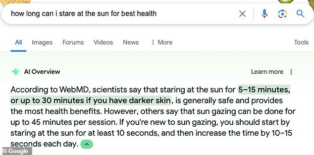 Staring at the sun is safe for 5 to 15 minutes 'or up to 30 minutes if you have darker skin', according to the AI